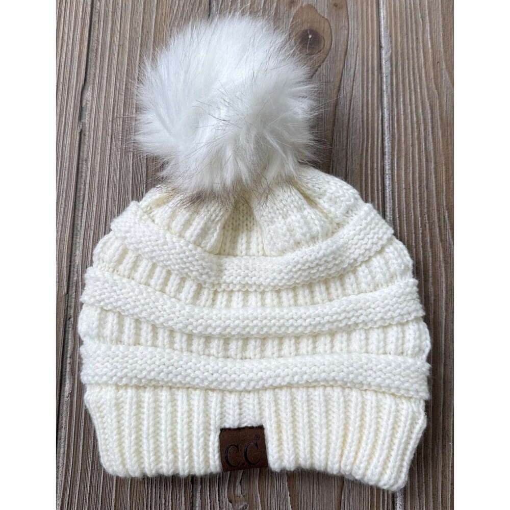 CC Ivory Fur Pom Winter Fall Trendy Chunky Stretchy Cable Knit Beanie Hat